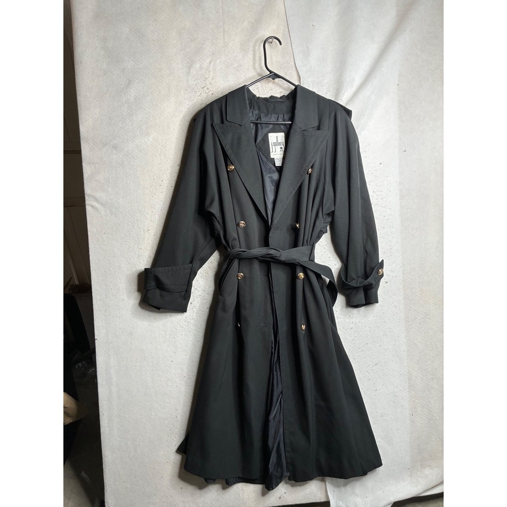 J. Gallery Vintage Black Double Breasted Trench Coat Gold Buttons Size 13/14